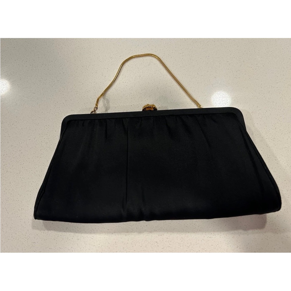 Vintage 1960 Made in USA Black Evening Clutch with Gold Handle